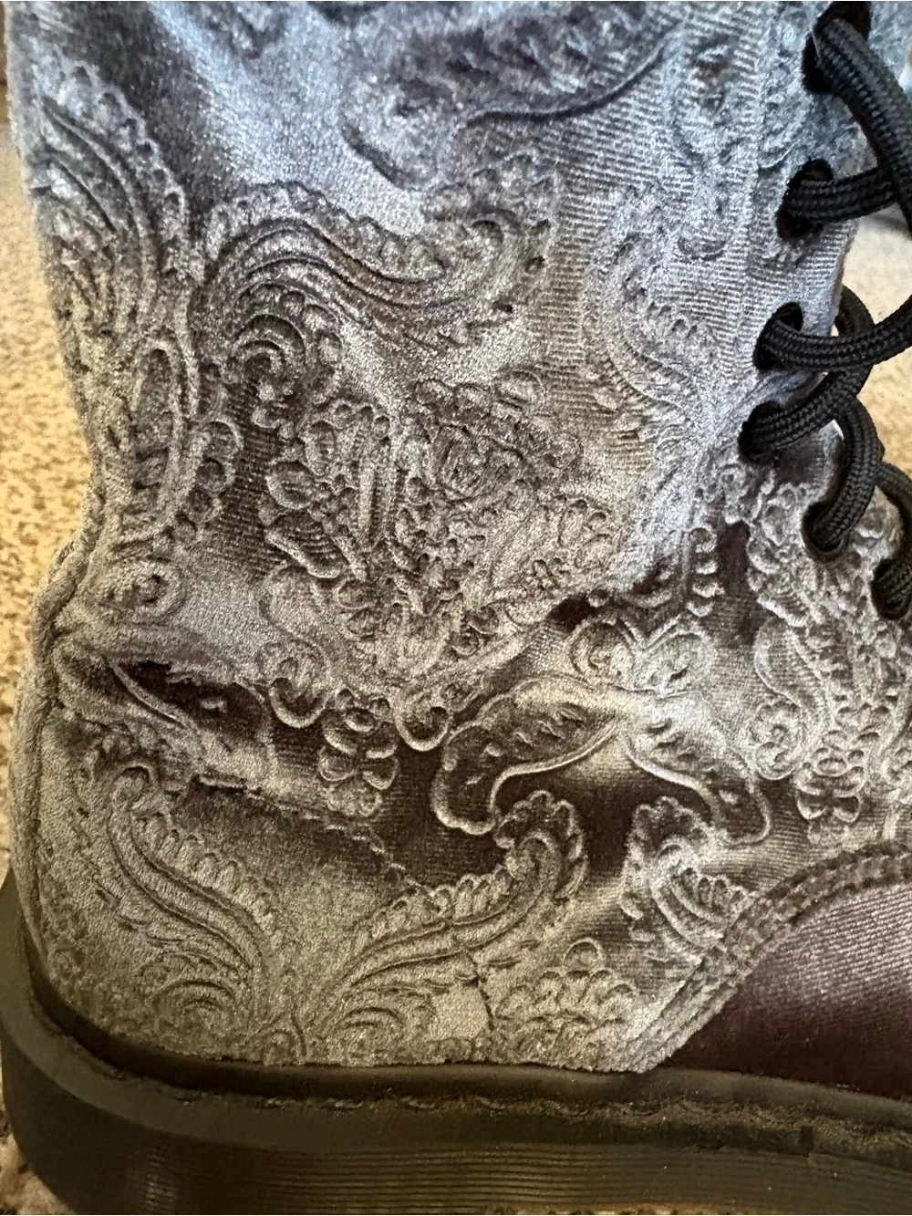 Gray Velvet Embossed Lace-Up Dr. Martens Women's Combat Boots - Picture 4 of 8
